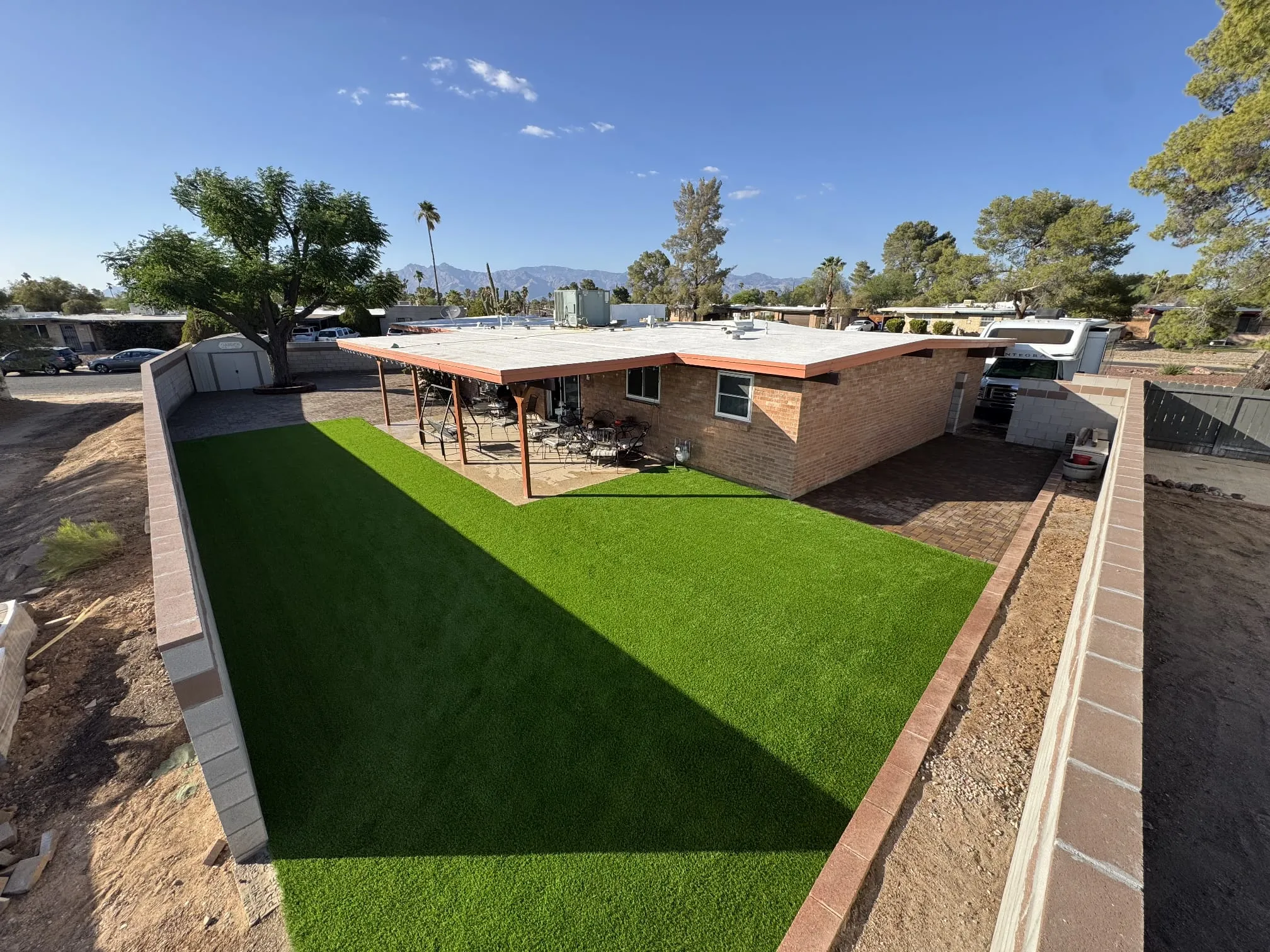 Full backyard artificial turf installation in Tucson by Sorce Signature Outdoors